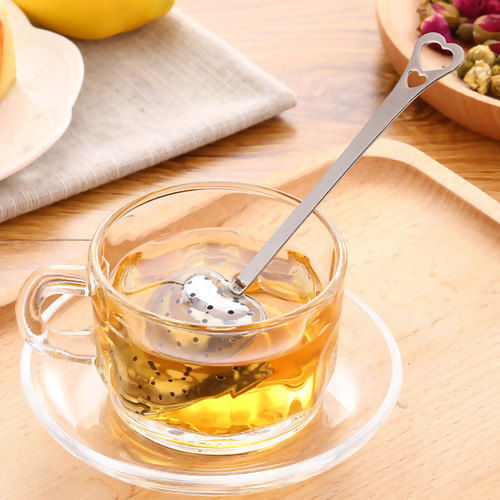 Picture of Stainless Steel Tea Infuser Steeper Heart Silver Tone 14cm(5 4/8") x 4cm(1 5/8"), 1 Piece