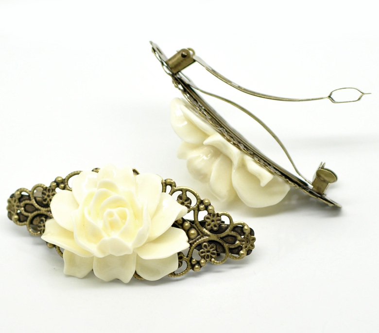 Picture of French Barrette Hair Clips Antique Bronze Pattern Hollow White Resin Flower 7.9cm x 3.7cm, 2 PCs