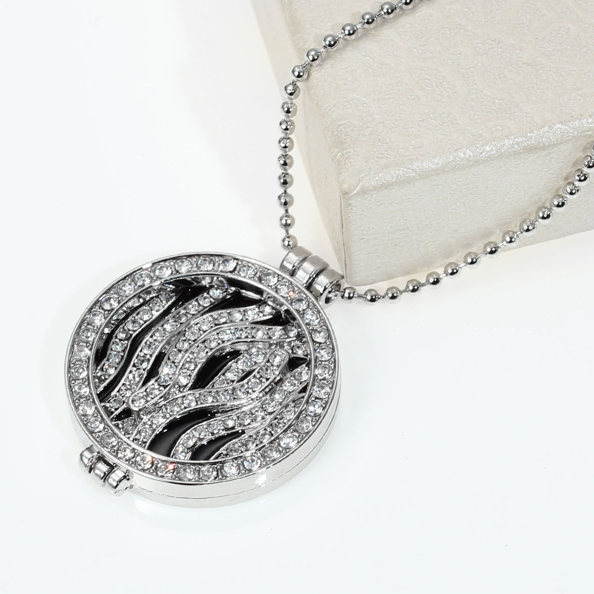 Picture of Amazing Coin Locket Necklace Silver Tone Round Stripe Hollow Black Enamel Clear Rhinestone 74cm(29 1/8") long, 1 Piece