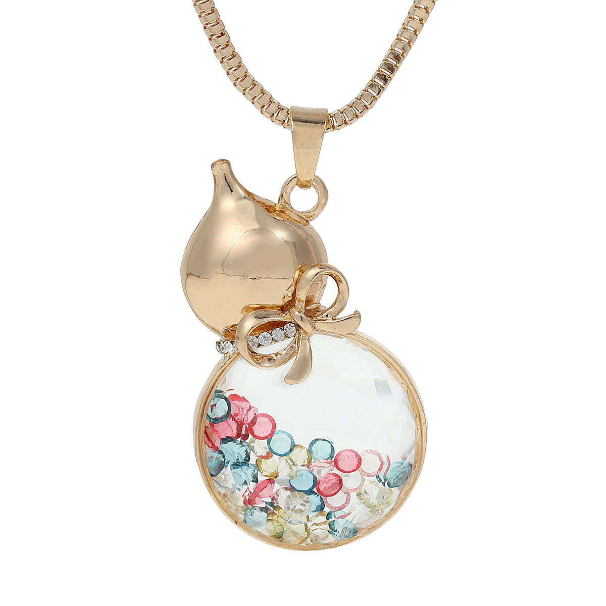 Imagen de Flotante Memoria Vida Locket Collares Serpiente Cadena Chapado en Oro Calabaza Lazo Colgante Multicolor Rhinestone 75.5cm(29 6/8") longitud, 1 Unidad