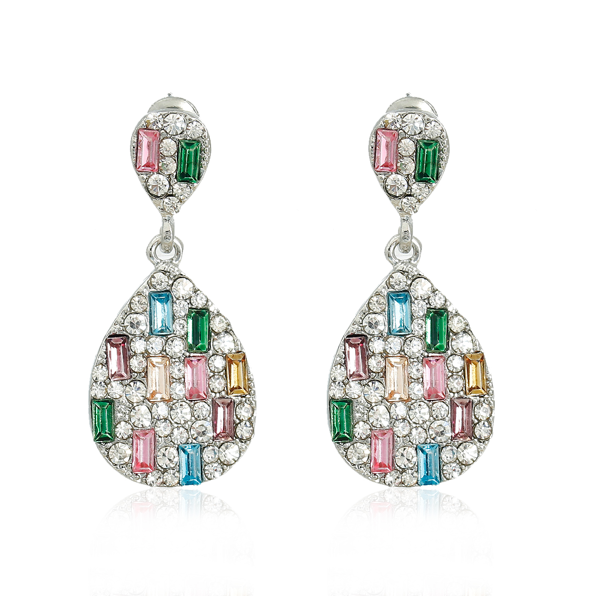 Picture of Earrings Teardrop Shape Silver Tone Multicolor Acrylic Faceted Embellishments Clear Rhinestone W/ Stoppers 3.6cm x1.6cm(1 3/8" x 5/8"), Post/ Wire Size: (21 gauge), 1 Pair