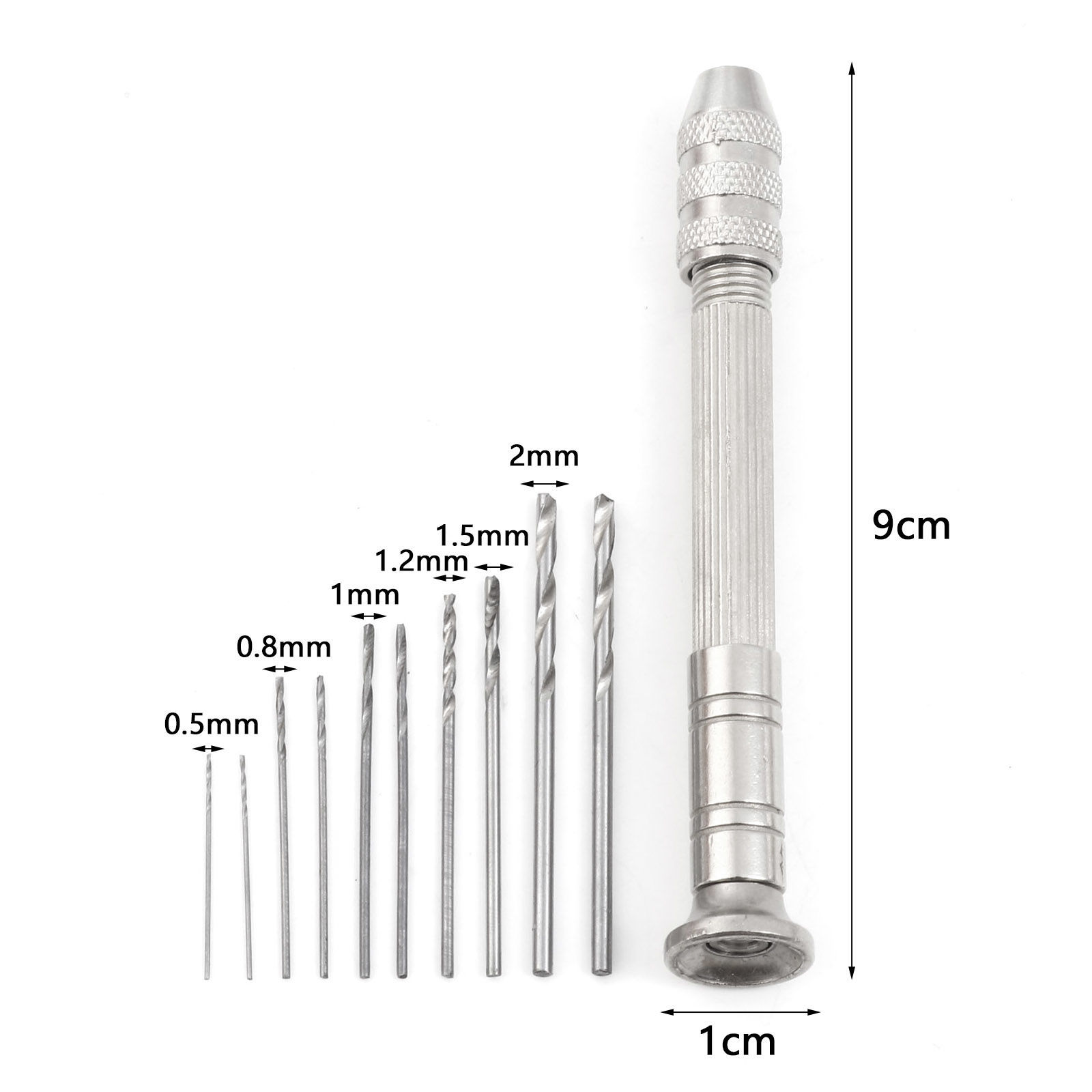 Picture of (2mm-0.5mm) Carbon Steel Mini Manual Hand Twist Drill Bits Set Rotary Tools With 10 Pins Silver Tone 9cm x 1cm, 1 Set