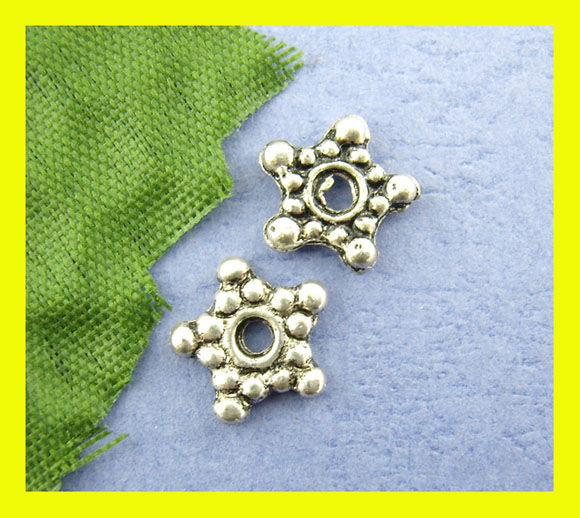 Imagen de Cuentas Espaciador Zamak Estrella,Plata Antigua Punto 8mm x 8mm, Agujero: acerca de 1.6mm, 130 Unidades