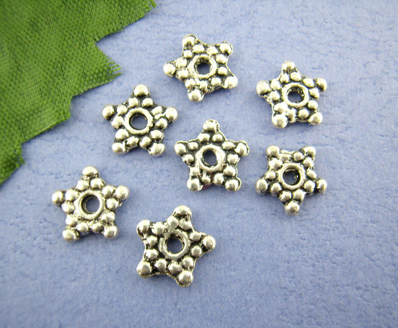 Imagen de Cuentas Espaciador Zamak Estrella,Plata Antigua Punto 8mm x 8mm, Agujero: acerca de 1.6mm, 130 Unidades