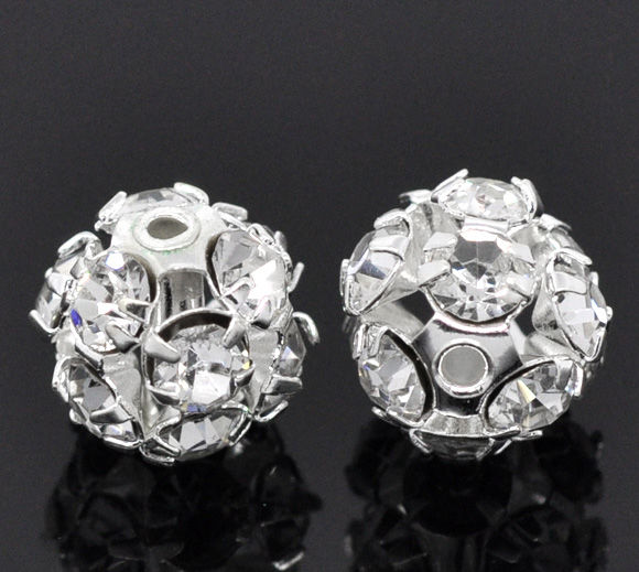 Picture of Brass Spacer Beads Ball Silver Plated Clear Rhinestone About 10mm( 3/8") Dia, Hole:Approx 1.2mm, 10 PCs
