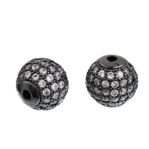 Picture of Brass Micro Pave Beads Ball Gunmetal Clear Cubic Zirconia About 10mm( 3/8") Dia, Hole: Approx 2mm( 1/8"), 1 Piece