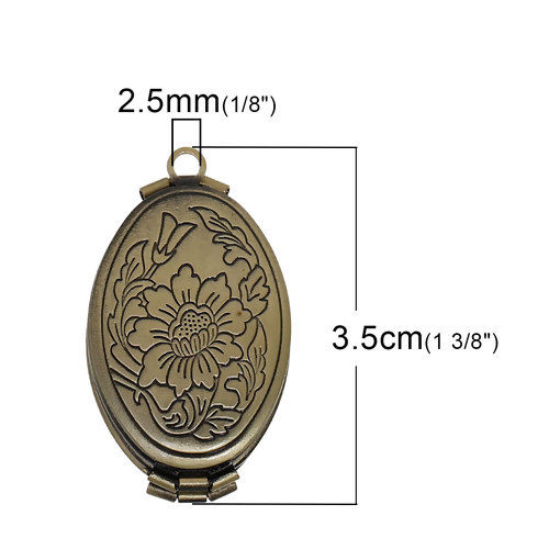 Picture of Brass Picture Photo Locket Frame Pendants Oval Antique Bronze Flower Carved Can Open (Fits 23mm x13mm( 7/8" x 4/8")) 35mm(1 3/8") x 20mm( 6/8"), 1 Piece