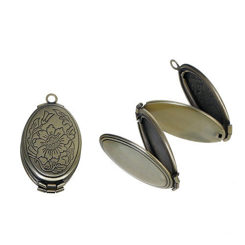 Picture of Brass Picture Photo Locket Frame Pendants Oval Antique Bronze Flower Carved Can Open (Fits 23mm x13mm( 7/8" x 4/8")) 35mm(1 3/8") x 20mm( 6/8"), 1 Piece