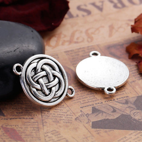 Picture of Zinc Based Alloy Connectors Findings Round Antique Silver Color Celtic Knot Pattern 27mm x 20mm, 20 PCs