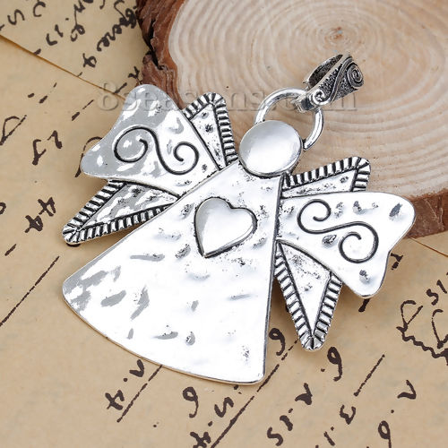 Picture of Zinc Based Alloy Pendants Angel Antique Silver Color Wing Heart Carved 72mm(2 7/8") x 63mm(2 4/8"), 2 PCs