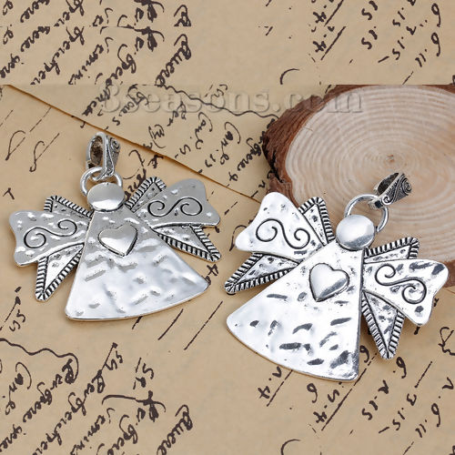Picture of Zinc Based Alloy Pendants Angel Antique Silver Color Wing Heart Carved 72mm(2 7/8") x 63mm(2 4/8"), 2 PCs