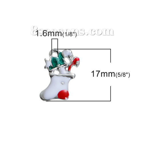 Picture of Zinc Based Alloy Charms Christmas Stocking Silver Tone Multicolor Enamel 17mm( 5/8") x 12mm( 4/8"), 5 PCs
