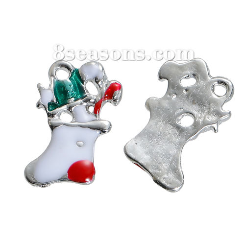 Picture of Zinc Based Alloy Charms Christmas Stocking Silver Tone Multicolor Enamel 17mm( 5/8") x 12mm( 4/8"), 5 PCs