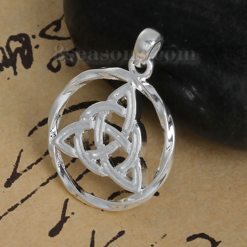 Picture of Brass Charms Round Silver Plated Celtic Knot Hollow 27mm(1 1/8") x 20mm( 6/8"), 3 PCs
