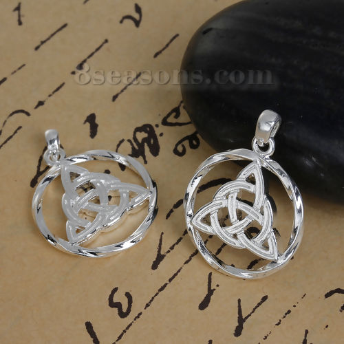 Picture of Brass Charms Round Silver Plated Celtic Knot Hollow 27mm(1 1/8") x 20mm( 6/8"), 3 PCs