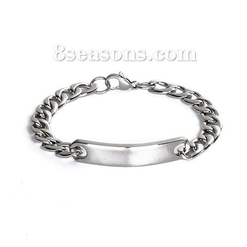 Picture of 304 Stainless Steel Blank Bar Blank Stamping Tags Bracelets Rectangle Silver Tone One-sided Polishing 22cm(8 5/8") long, 1 Piece