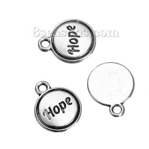 Picture of Zinc Based Alloy Charms Round Antique Silver Color Message " Hope " Carved 14mm( 4/8") x 11mm( 3/8"), 50 PCs