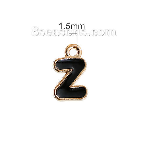 Picture of 1 Set ( 26 PCs/Set) Zinc Based Alloy Charms Gold Plated Black Capital Alphabet Initial Letter Mixed Message " A-Z " Enamel 13mm x9mm( 4/8" x 3/8") - 12mm x7mm( 4/8" x 2/8")