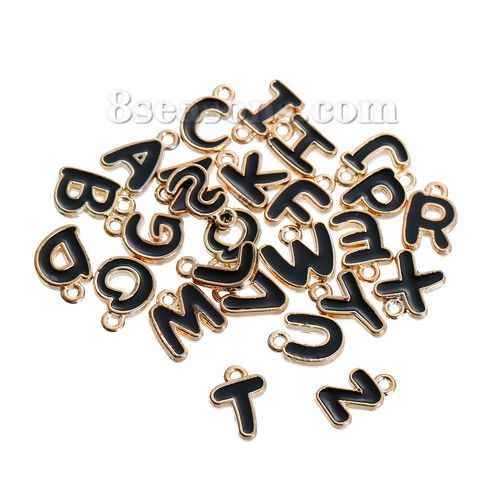 Picture of 1 Set ( 26 PCs/Set) Zinc Based Alloy Charms Gold Plated Black Capital Alphabet Initial Letter Mixed Message " A-Z " Enamel 13mm x9mm( 4/8" x 3/8") - 12mm x7mm( 4/8" x 2/8")