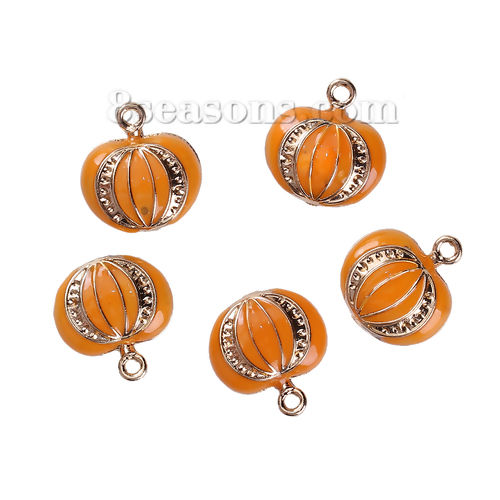Picture of Zinc Based Alloy Halloween Charms Pumpkin Gold Plated Orange (Can Hold ss4 Pointed Back Rhinestone) Enamel 21mm( 7/8") x 20mm( 6/8"), 3 PCs