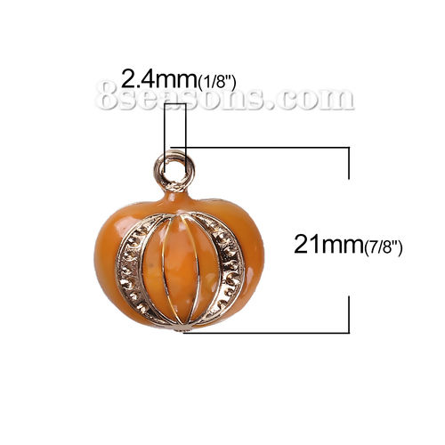 Picture of Zinc Based Alloy Halloween Charms Pumpkin Gold Plated Orange (Can Hold ss4 Pointed Back Rhinestone) Enamel 21mm( 7/8") x 20mm( 6/8"), 3 PCs