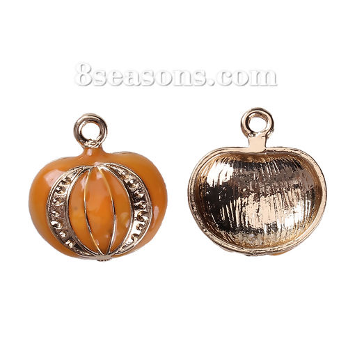 Picture of Zinc Based Alloy Halloween Charms Pumpkin Gold Plated Orange (Can Hold ss4 Pointed Back Rhinestone) Enamel 21mm( 7/8") x 20mm( 6/8"), 3 PCs