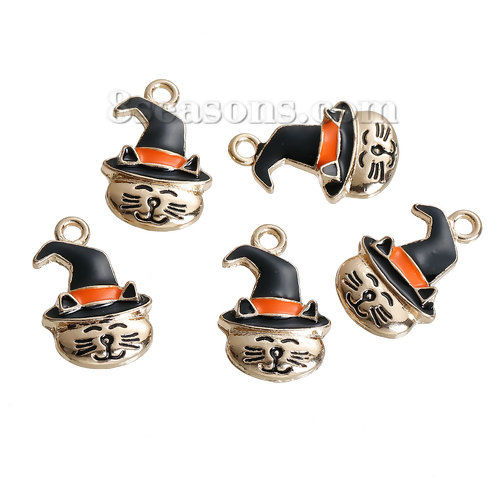 Picture of Zinc Based Alloy Halloween Charms Cat Animal Gold Plated Black Hat Enamel 24mm(1") x 15mm( 5/8"), 5 PCs