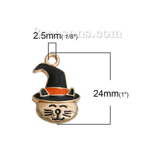 Picture of Zinc Based Alloy Halloween Charms Cat Animal Gold Plated Black Hat Enamel 24mm(1") x 15mm( 5/8"), 5 PCs