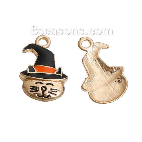 Picture of Zinc Based Alloy Halloween Charms Cat Animal Gold Plated Black Hat Enamel 24mm(1") x 15mm( 5/8"), 5 PCs