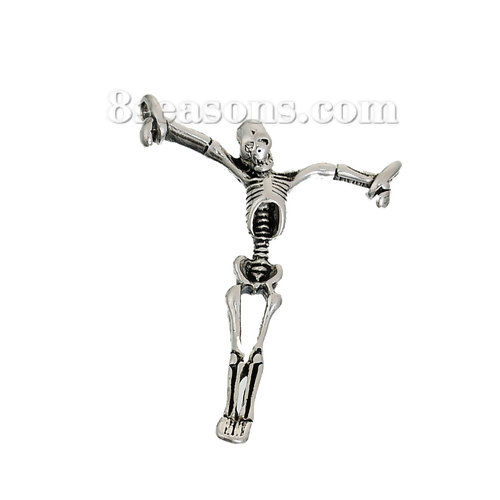Picture of Zinc Based Alloy Connectors Findings Skeleton Skull Antique Silver Color 52mm x 41mm, 3 PCs