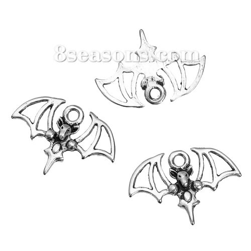 Image de Breloque Halloween en Alliage de Zinc Chauve-souris Halloween Argent Vieilli 21mm x 15mm, 20 Pcs