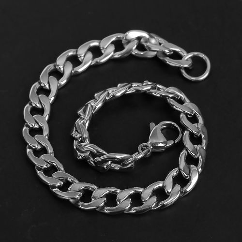 Picture of 304 Stainless Steel Lobster Clasp Link Curb Chain Bracelets Silver Tone 21cm(8 2/8") long, 1 Piece