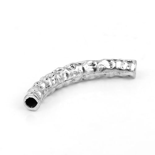 Picture of Zinc Based Alloy Hammered Spacer Beads Curved Tube Antique Silver Color 42mm x 6mm, Hole: Approx 3.9mm, 3 PCs