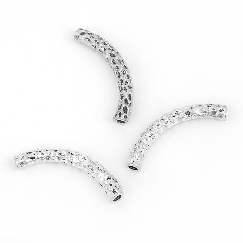Picture of Zinc Based Alloy Hammered Spacer Beads Curved Tube Antique Silver Color 42mm x 6mm, Hole: Approx 3.9mm, 3 PCs