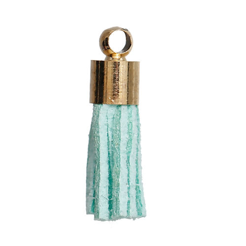 Picture of Velvet Faux Suede Tassel Pendants Gold Plated Mint Green About 17mm( 5/8") long, 10 PCs