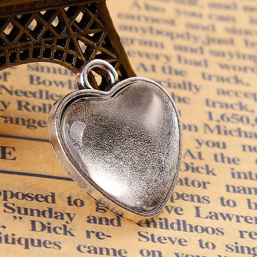 Picture of Zinc Based Alloy Cabochon Settings Charms Heart Antique Silver Color With Clear Glass Cabochons 21mm x18mm 16mm x16mm, 20 Sets