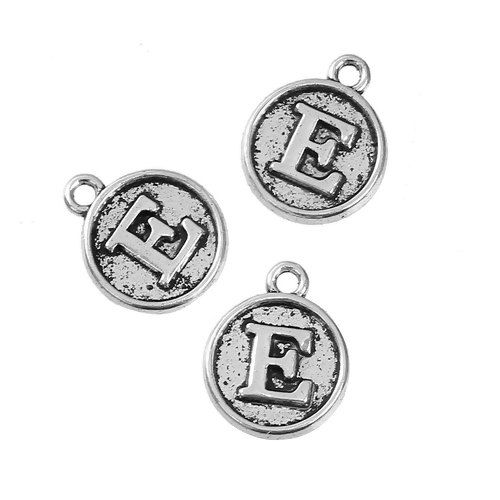 Picture of Zinc Based Alloy Charms Round Disc Antique Silver Color Initial Alphabet/ Letter " E " 14mm( 4/8") x 12mm( 4/8"), 10 PCs