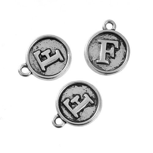 Picture of Zinc Based Alloy Charms Round Disc Antique Silver Color Initial Alphabet/ Letter " F " 14mm( 4/8") x 12mm( 4/8"), 10 PCs
