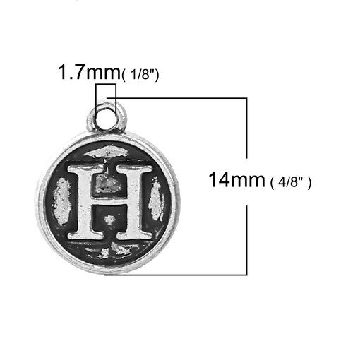 Picture of Zinc Based Alloy Charms Round Disc Antique Silver Color Initial Alphabet/ Letter " H " 14mm( 4/8") x 12mm( 4/8"), 10 PCs