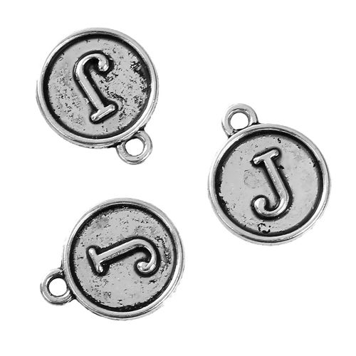 Picture of Zinc Based Alloy Charms Round Disc Antique Silver Color Initial Alphabet/ Letter " J " 14mm( 4/8") x 12mm( 4/8"), 10 PCs