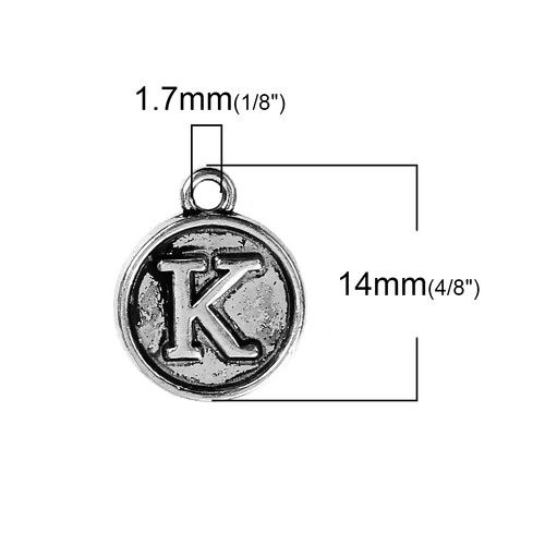 Picture of Zinc Based Alloy Charms Round Disc Antique Silver Color Initial Alphabet/ Letter " K " 14mm( 4/8") x 12mm( 4/8"), 10 PCs