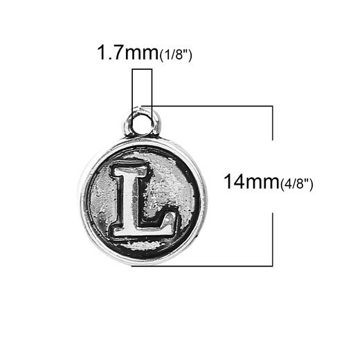 Picture of Zinc Based Alloy Charms Round Disc Antique Silver Color Initial Alphabet/ Letter " L " 14mm( 4/8") x 12mm( 4/8"), 10 PCs