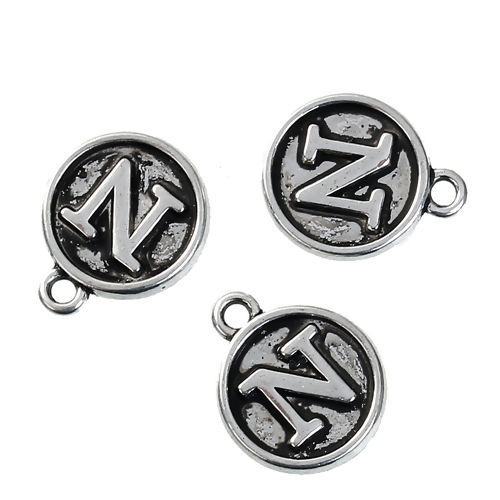 Picture of Zinc Based Alloy Charms Round Disc Antique Silver Color Initial Alphabet/ Letter " N " 14mm( 4/8") x 12mm( 4/8"), 10 PCs