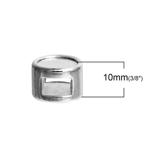 Изображение Цинковый Сплав ползунок Бусины Плоские Круглые Посеребренный, (Для 4.5mm x3mmНитки) Основы для Кабошонов 8мм) Около 10мм диаметр, Отверстие:около 4.8мм x 3.2мм (Подходит к 4.5mm x3mm шнур) 10 ШТ