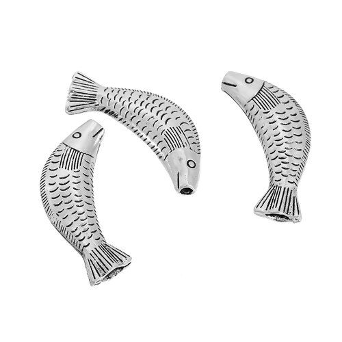 Picture of Zinc Based Alloy 3D Metal Beads Fish Animal Antique Silver Color 54mm x 21mm, Hole: Approx 3.5mm, 2 PCs