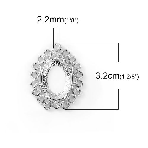 Picture of Zinc Based Alloy Cabochon Settings Pendants Round Silver Tone (Fits 18mm x 13mm ) (Can Hold ss11 Pointed Back Rhinestone) 32mm x 26mm, 10 PCs
