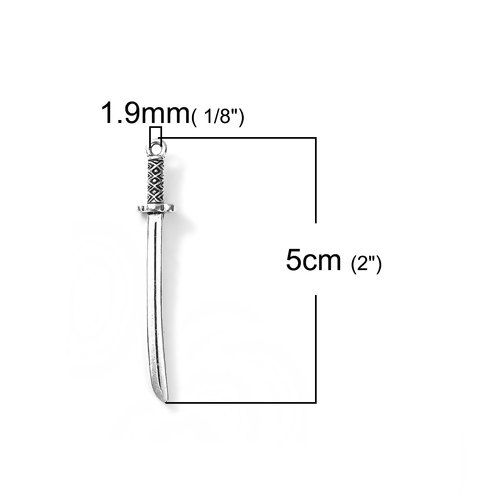 Picture of Zinc Based Alloy 3D Pendants Sword Antique Silver Color 50mm(2") x 8mm( 3/8"), 10 PCs