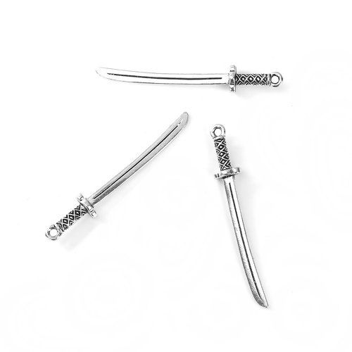 Picture of Zinc Based Alloy 3D Pendants Sword Antique Silver Color 50mm(2") x 8mm( 3/8"), 10 PCs