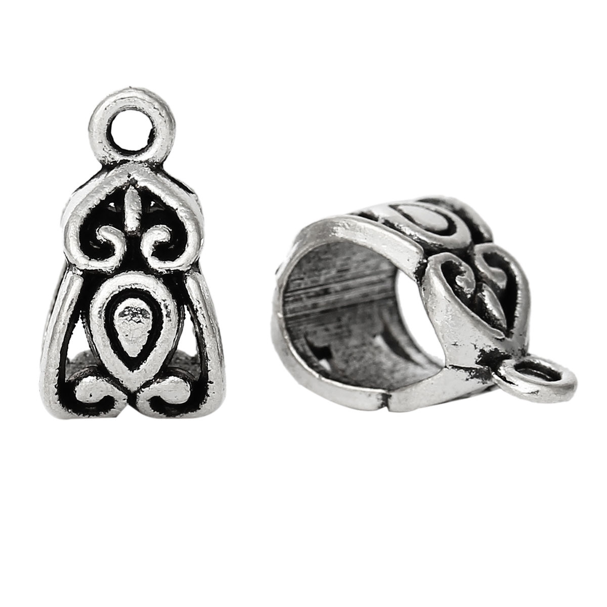 Picture of Zinc Based Alloy European Style Bail Beads Triangle Carved Pattern Antique Silver Color 14mm x 8mm, 50 PCs