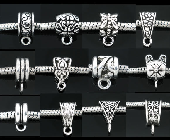 Bild von Bügelperlen aus Zinklegierung im europäischen Stil, nach dem Zufallsprinzip gemischt, Farbe Antiksilber, 12 mm x 6 mm - 15 mm x 10 mm, 100 Stück